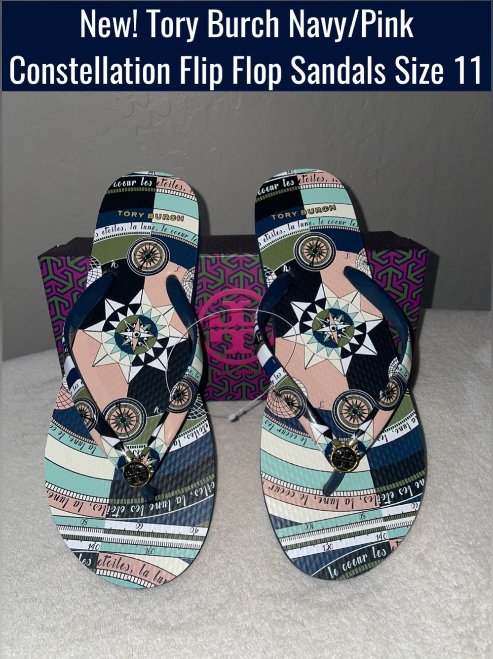 New! Tory Burch Navy/Pink Constellation Flip Flop Sandals Size 11-NIB